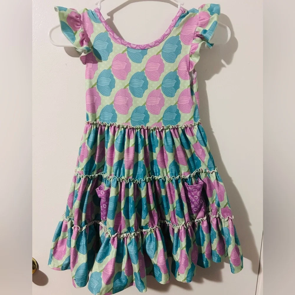 Pete + Lucy Bloomin Blossoms Colorful Kids Dress with Ruffle Sleeves, Size 5.